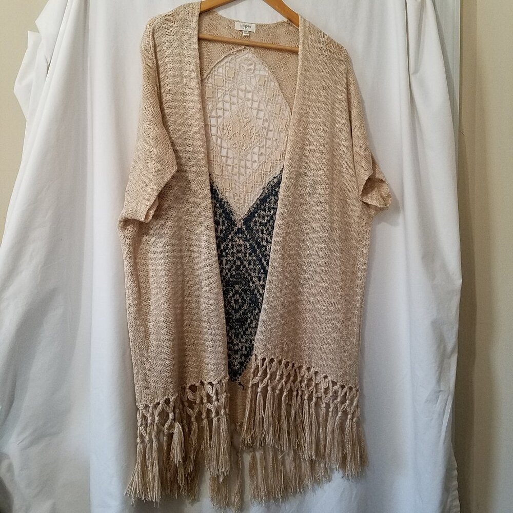 Umgee Women’s Boho Fringe Kimono Cardigan – Size Small – Cream/Brown